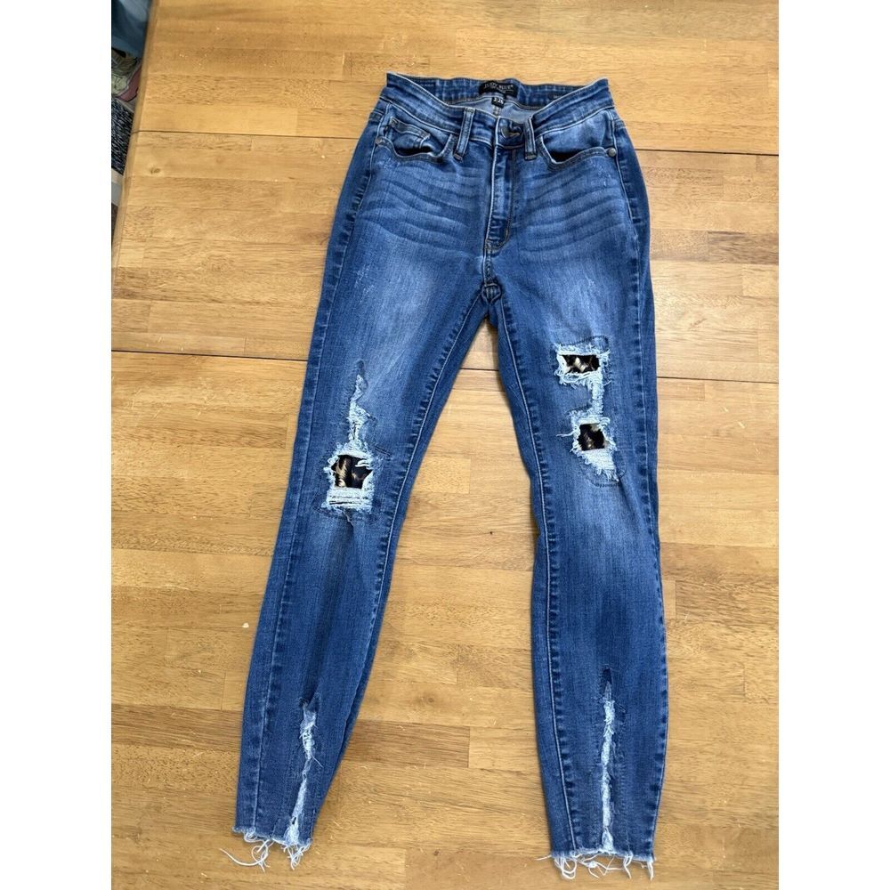 Judy Blue Jeans Women's 3/26 Blue Skinny‎ Distressed Leopard Print Lined